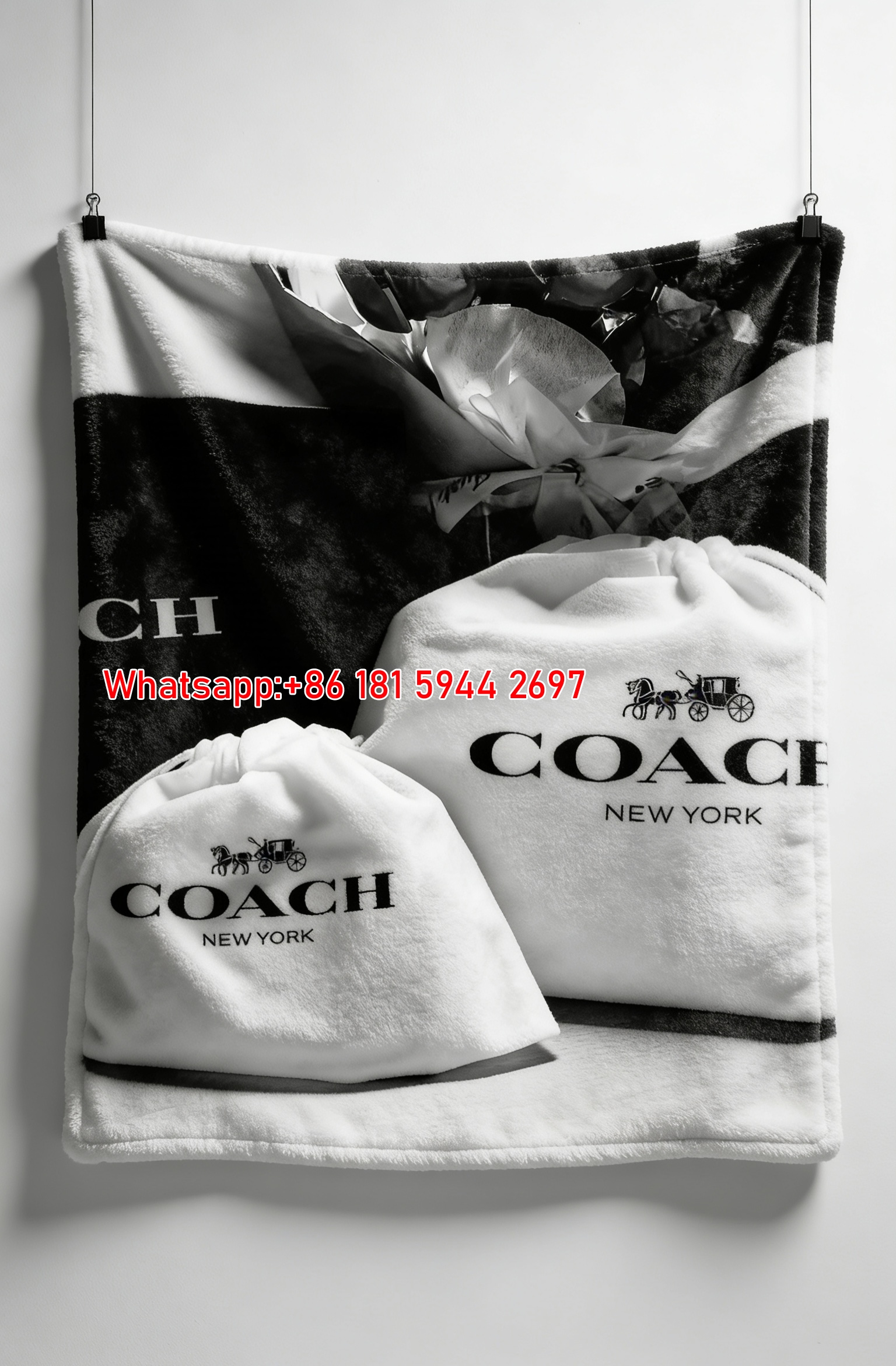 Coach New York Dust Bag Black & White Flannel Throw Blanket for Couch & Wall Decor C099